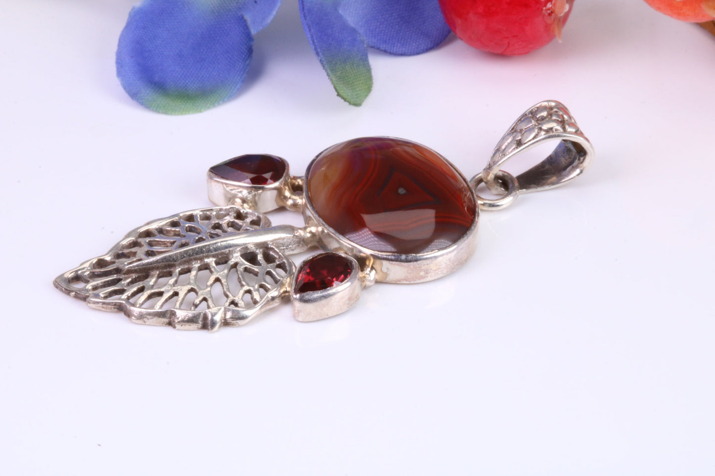 Large Brown Agate and Garnet Pendant set in Sterling Silver