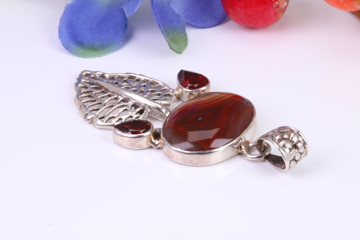 Large Brown Agate and Garnet Pendant set in Sterling Silver