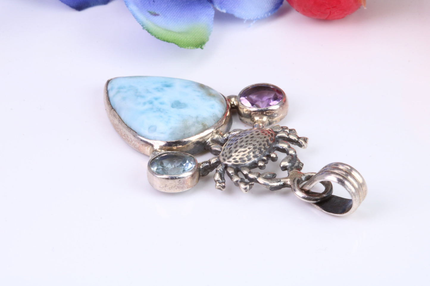 Large Multi Gemstones set Sterling Silver Pendant