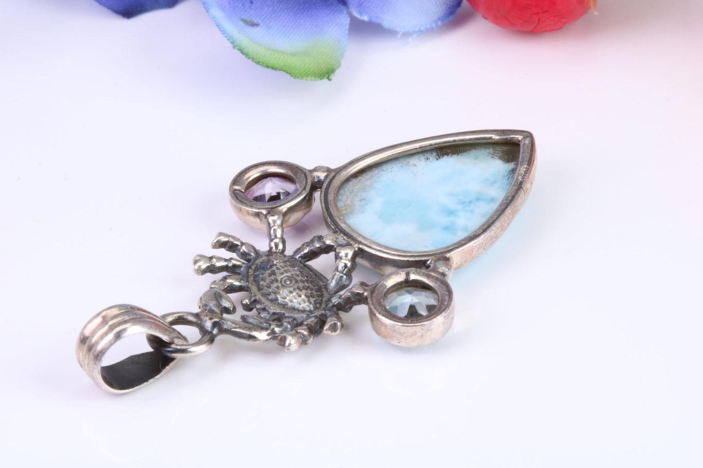 Large Multi Gemstones set Sterling Silver Pendant