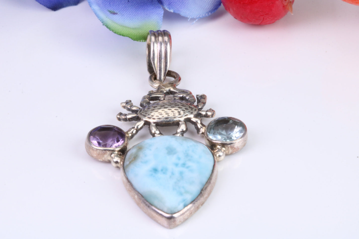 Large Multi Gemstones set Sterling Silver Pendant