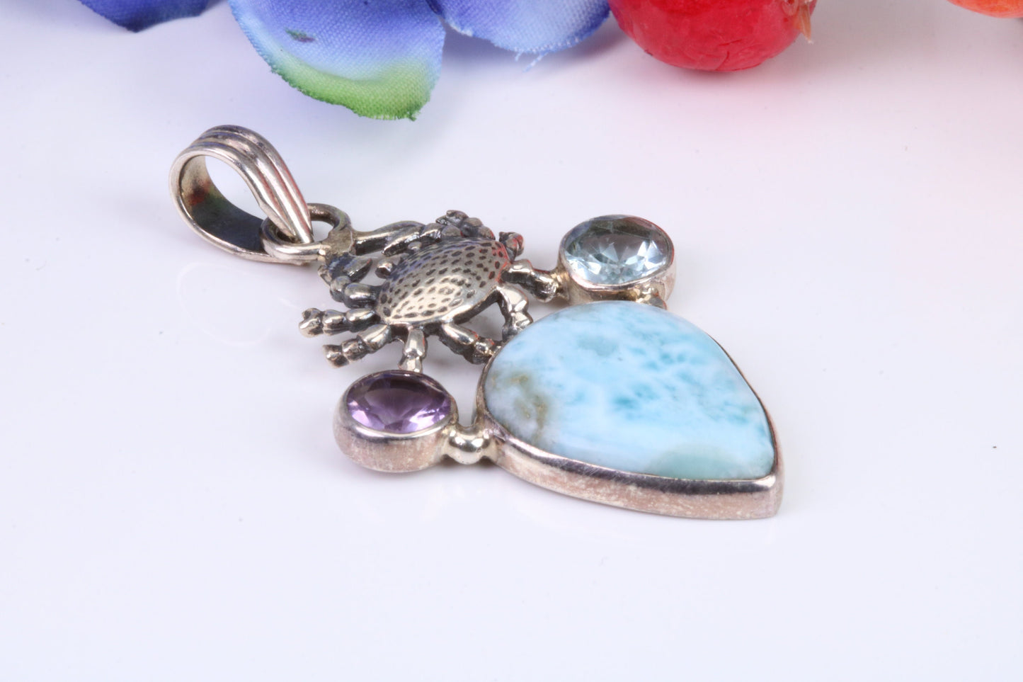 Large Multi Gemstones set Sterling Silver Pendant