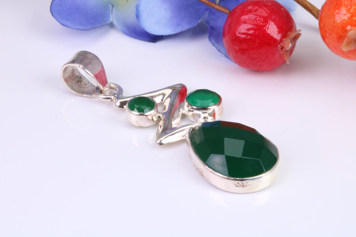 Very Large Green Agate and Emerald C Z Pendant in Sterling Silver