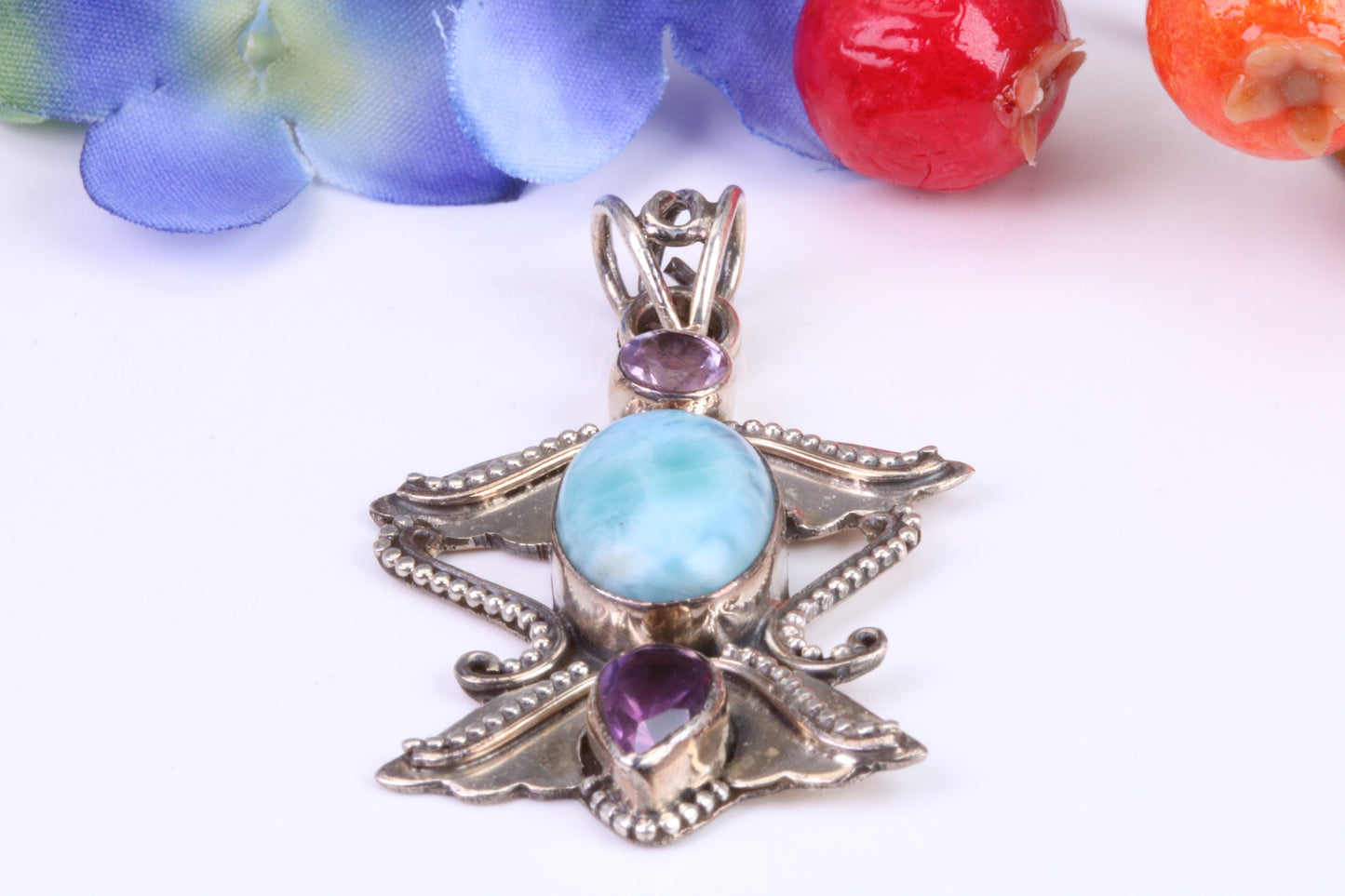 Large Blue Agate and Amethyst Gemstones Sterling Silver Pendant