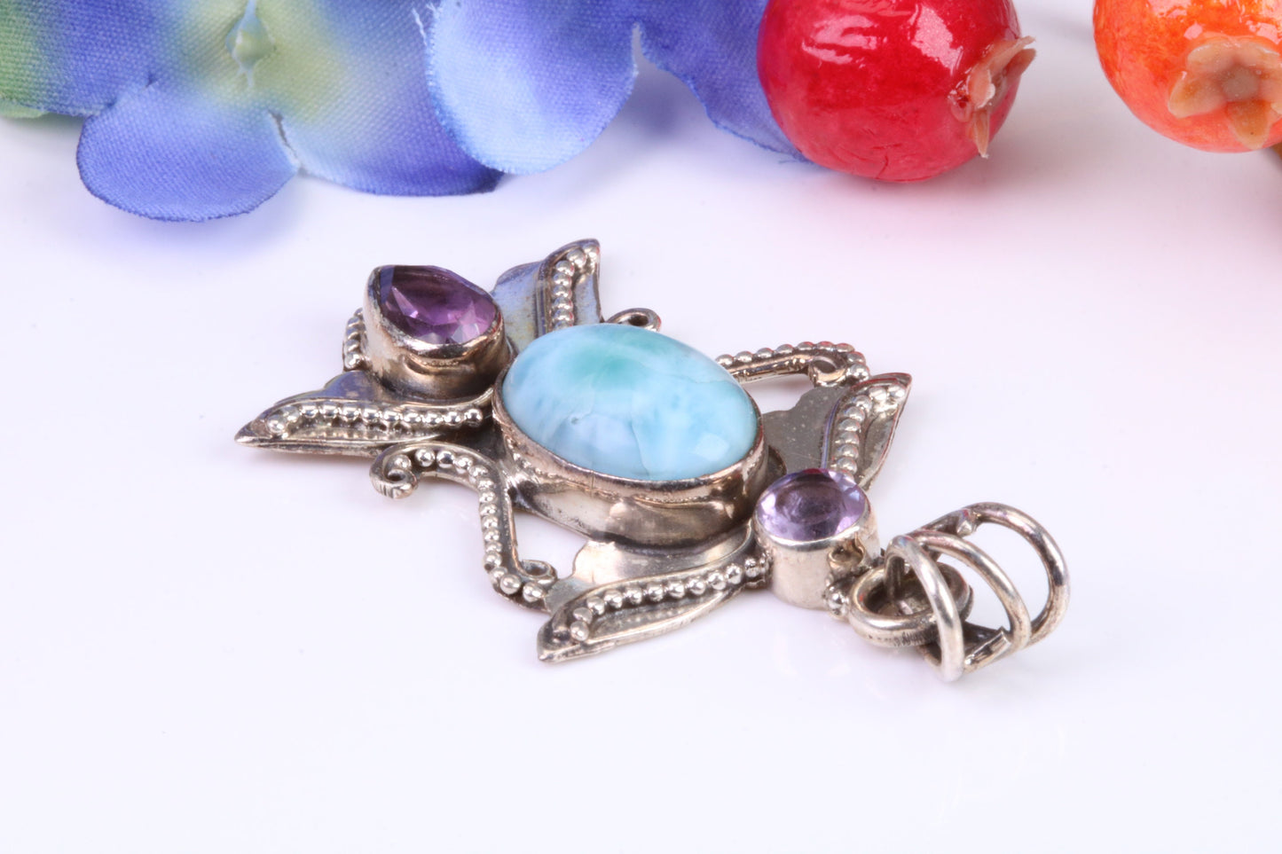 Large Blue Agate and Amethyst Gemstones Sterling Silver Pendant