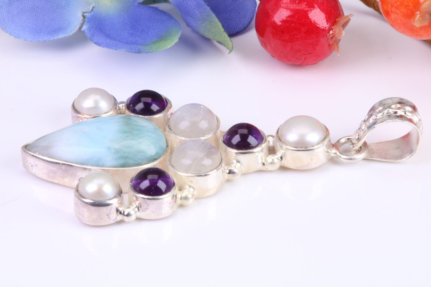 Large Multi Gemstones Pendant in Sterling Silver
