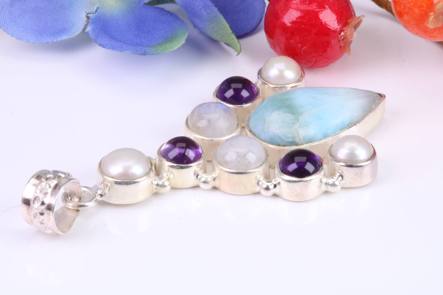 Large Multi Gemstones Pendant in Sterling Silver