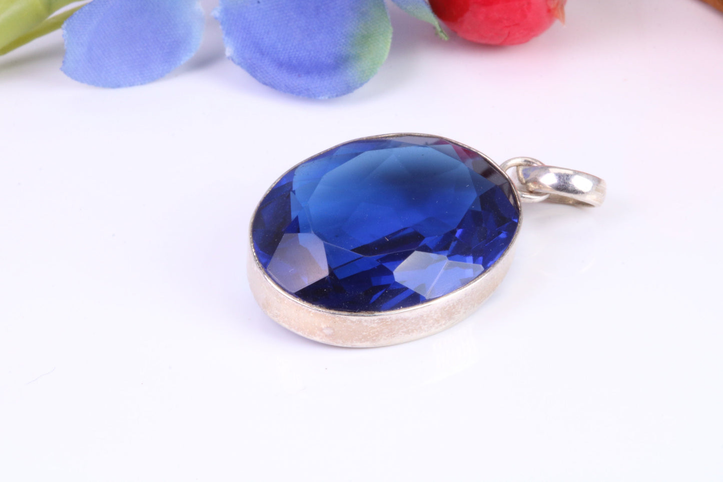 Very Large Sapphire Blue C Z Pendant in Sterling Silver