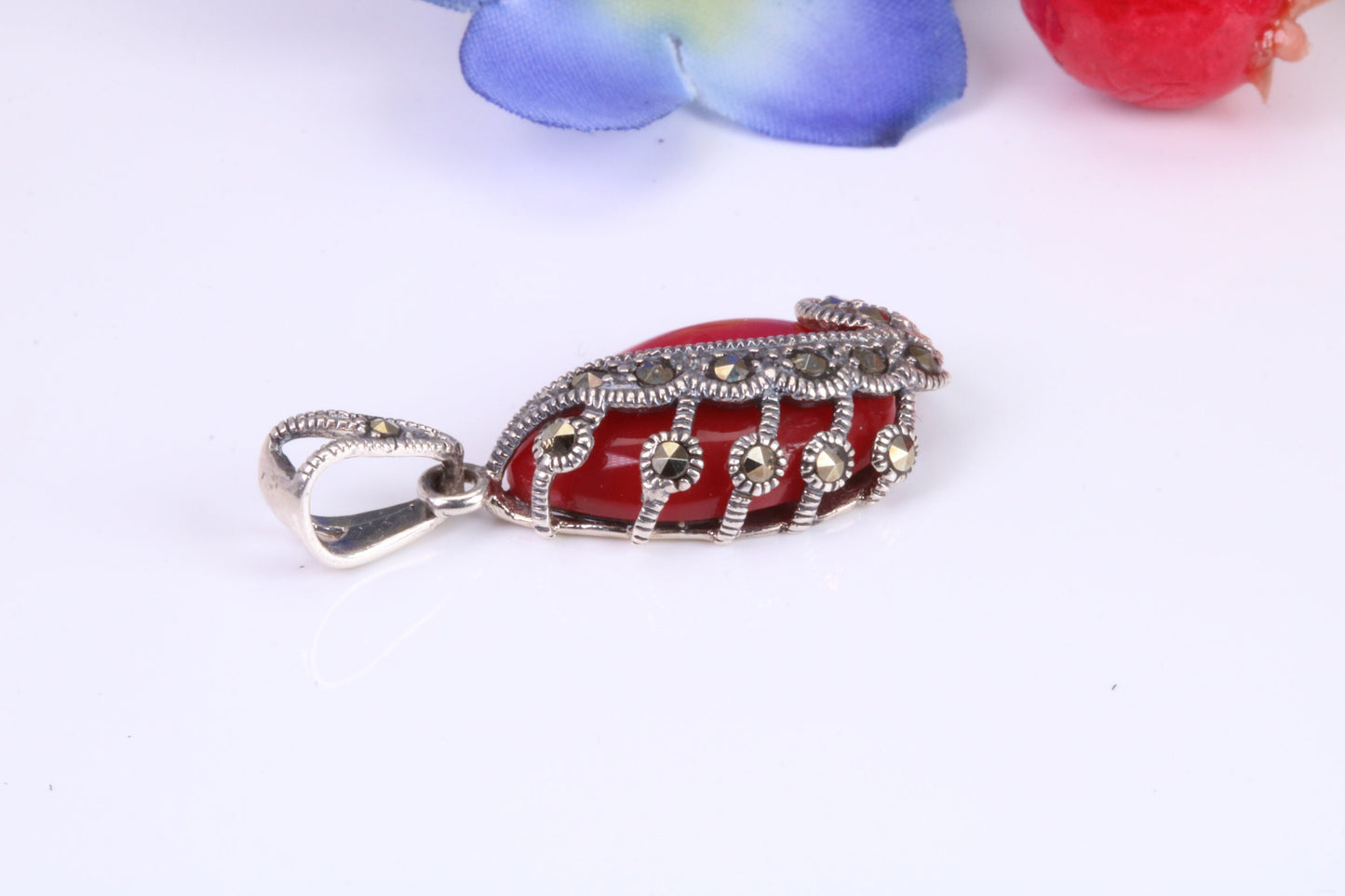 Red Agate and Marcasite set Pendant in Sterling Silver