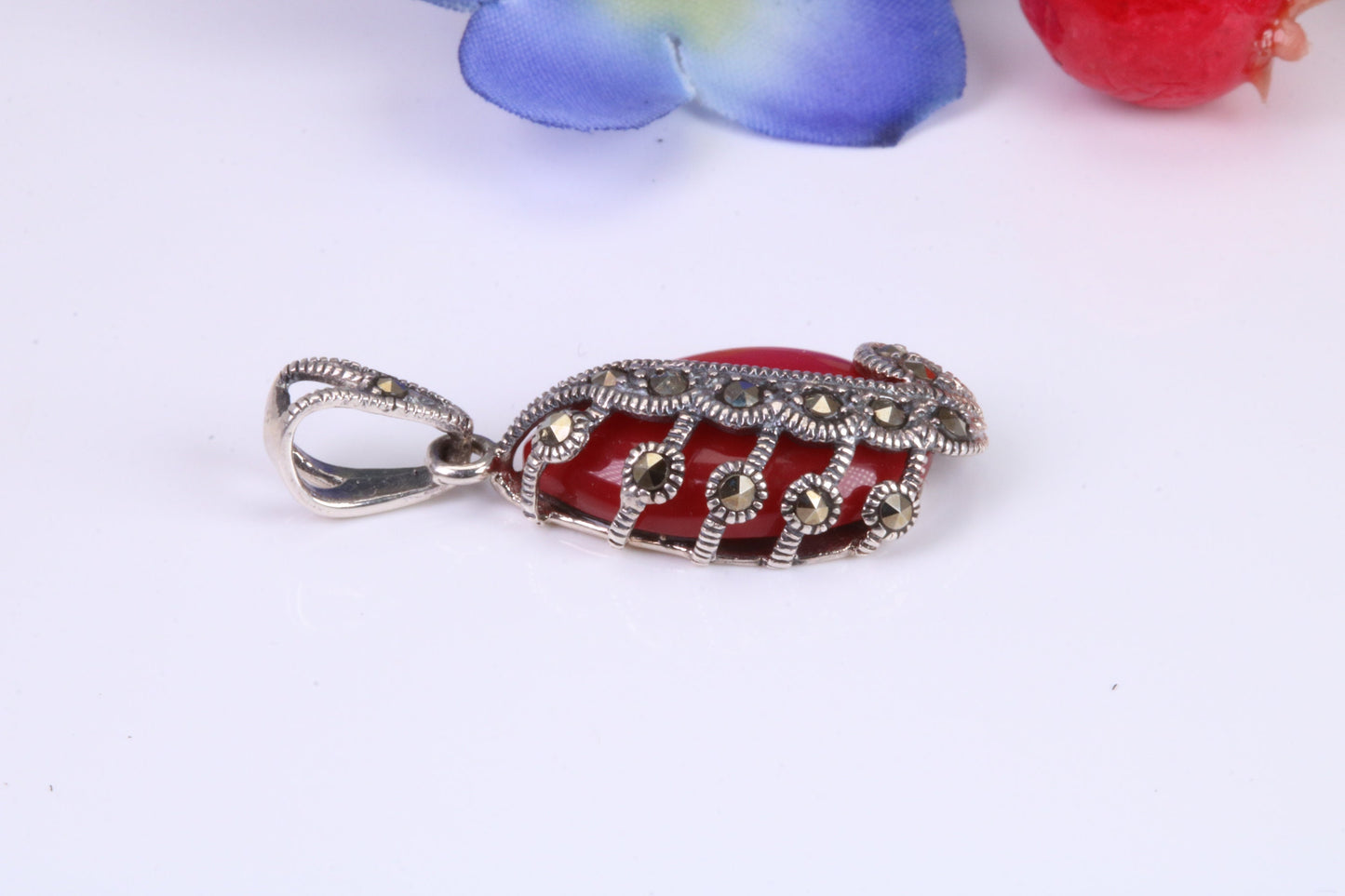 Red Agate and Marcasite set Pendant in Sterling Silver