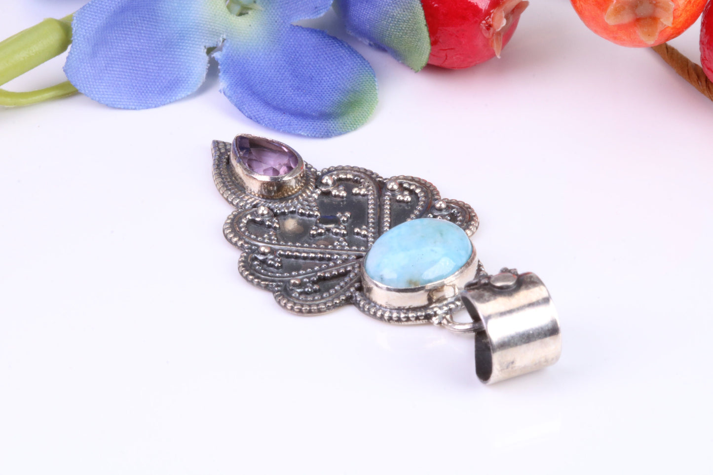 Large Multi Gemstones Pendant set in Sterling Silver