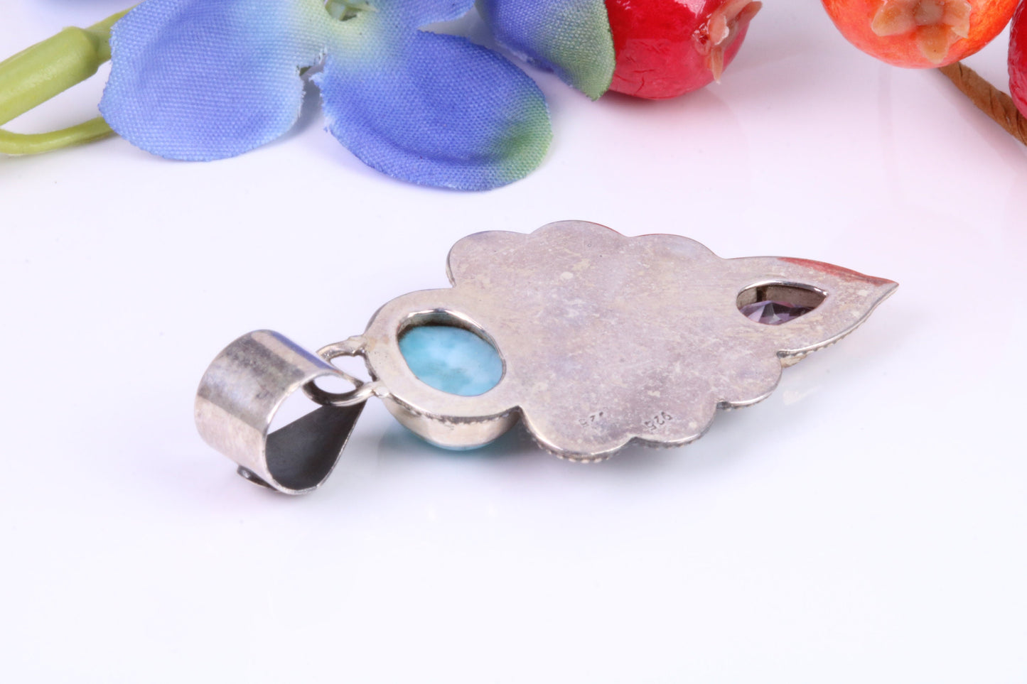 Large Multi Gemstones Pendant set in Sterling Silver