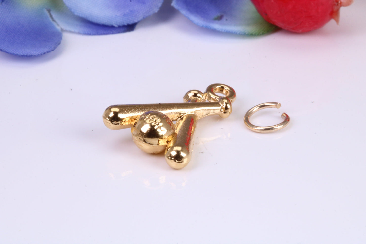 Baseball Set Charm, Traditional Charm, Made from Solid Cast Yellow Gold, British Hallmarked