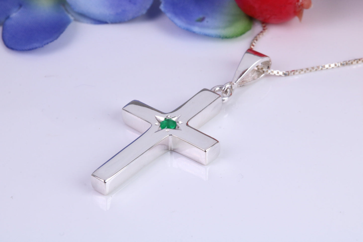 Chunky Real Emerald set Cross, Made From Solid Cast Silver, Further Rhodium Plated