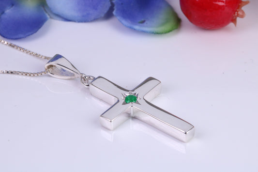 Chunky Real Emerald set Cross, Made From Solid Cast Silver, Further Rhodium Plated