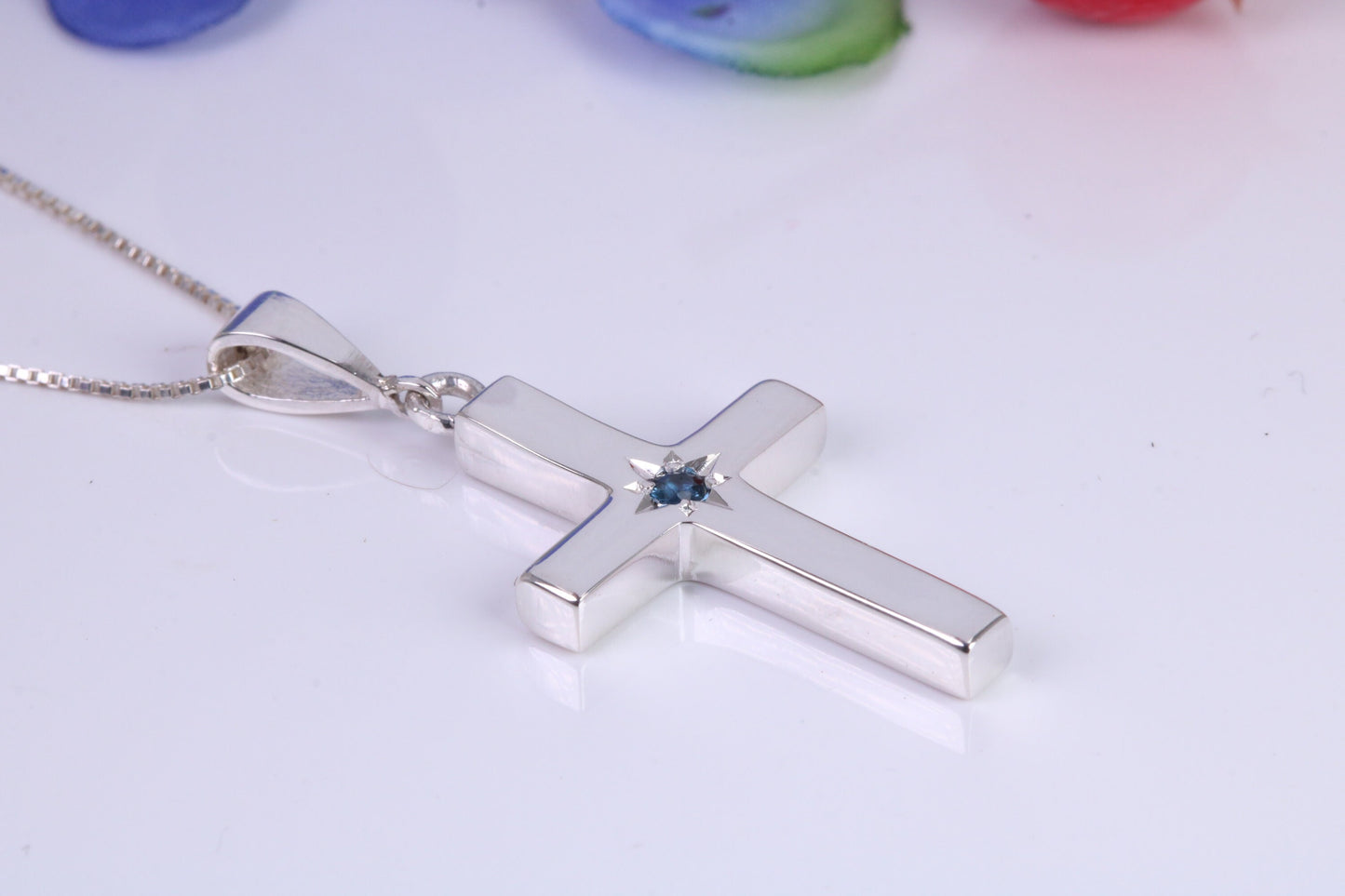 Chunky Real Blue Sapphire set Cross Necklace, Made From Solid Cast Silver, Complete With Chain