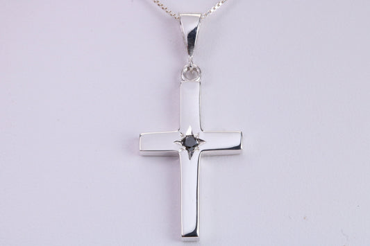 Chunky Real Black Diamond set Cross Necklace, Made From Solid Cast Silver, Complete With Chain