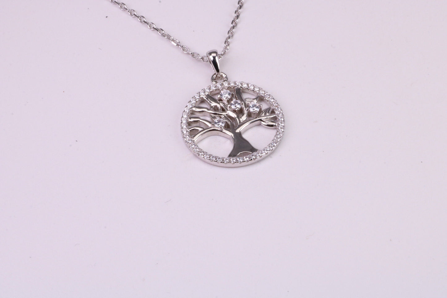 Tree of Life Cubic Zirconia set Necklace, made from solid Sterling Silver, Length Adjustable Chain