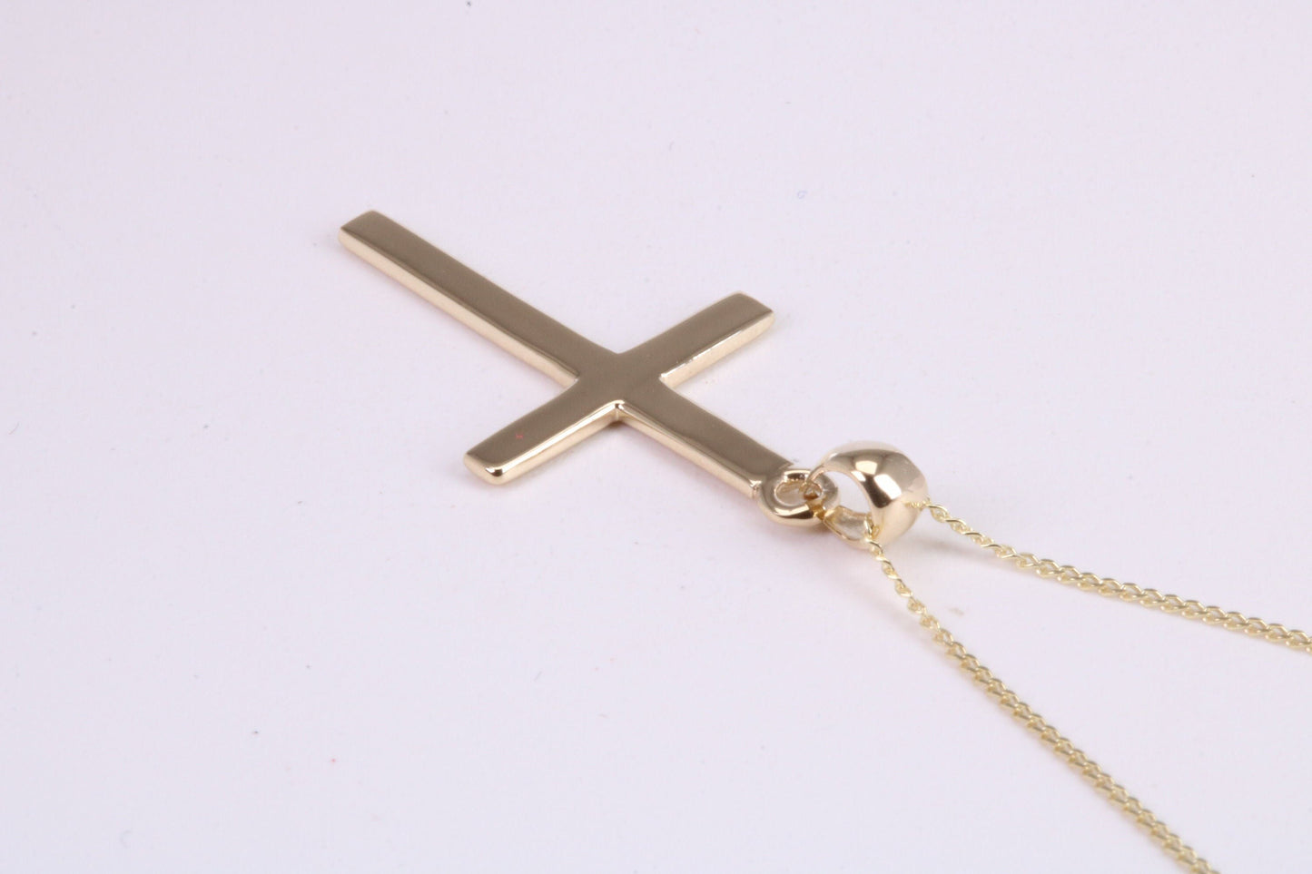 Simple 33 mm Long Cross Together with 18 Inch Long Chain, Made from Solid Yellow Gold with High Polished Finish
