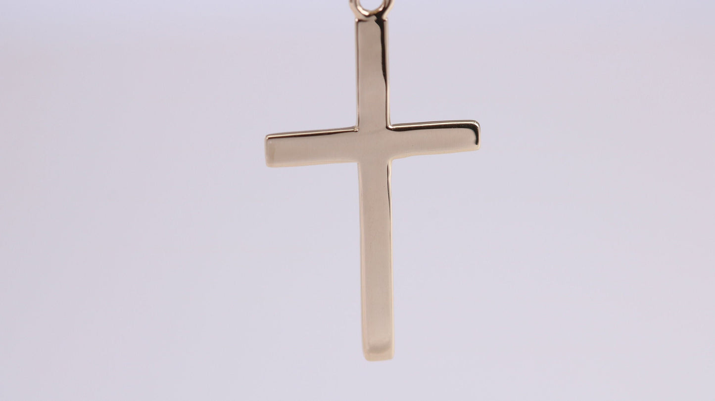 Simple 33 mm Long Cross Together with 18 Inch Long Chain, Made from Solid Yellow Gold with High Polished Finish