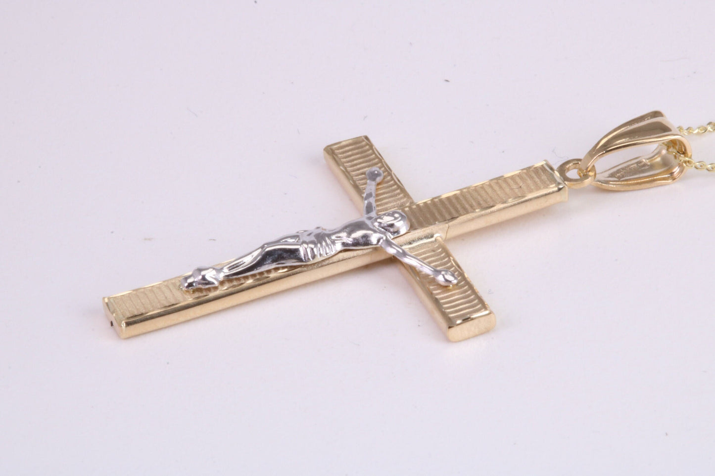 35 mm Long Two Tone Crucifix Necklace Together with 18 Inch Long Chain, Made from Solid Yellow Gold with High Polished Finish