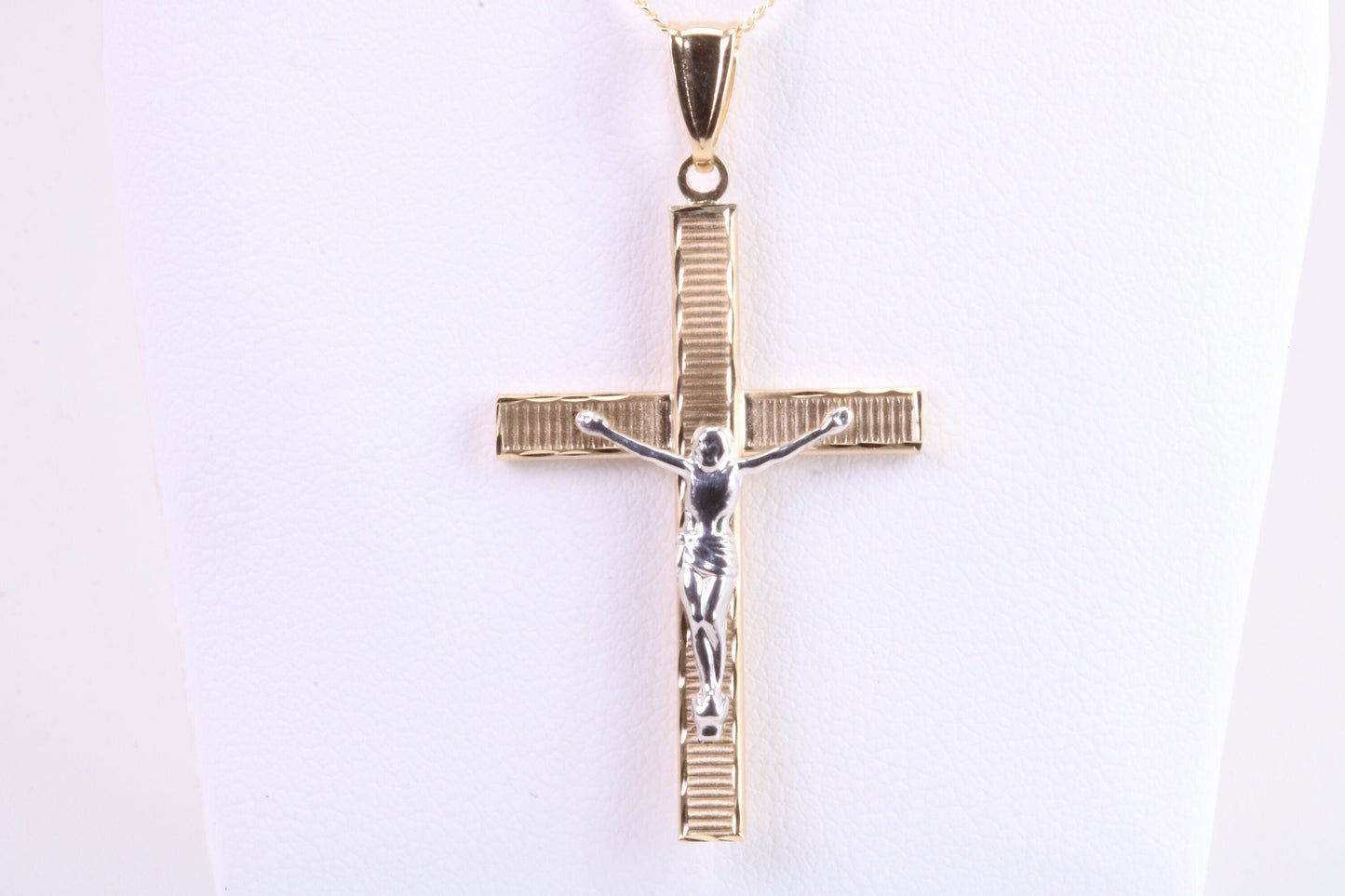 35 mm Long Two Tone Crucifix Necklace Together with 18 Inch Long Chain, Made from Solid Yellow Gold with High Polished Finish