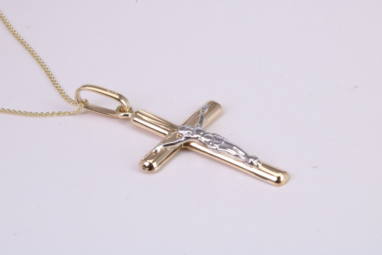 Two Tone Crucifix Necklace Together with 18 Inch Long Chain, Made from Solid Yellow Gold with High Polished Finish