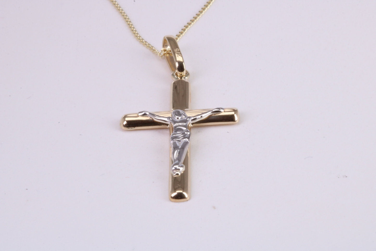 Two Tone Crucifix Necklace Together with 18 Inch Long Chain, Made from Solid Yellow Gold with High Polished Finish
