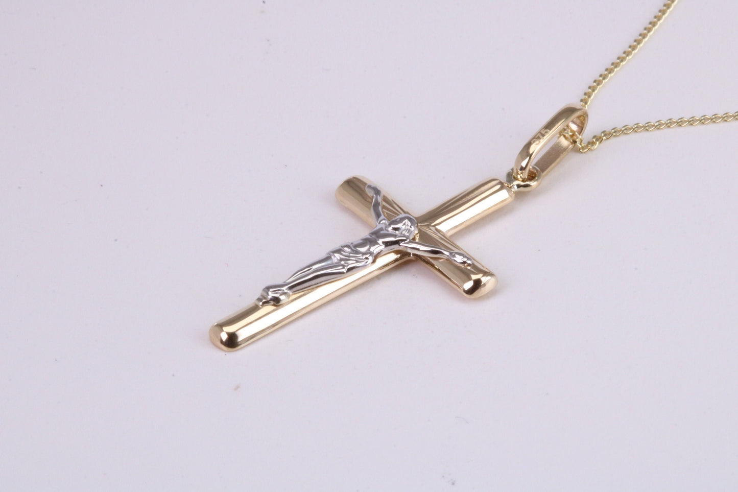 Two Tone Crucifix Necklace Together with 18 Inch Long Chain, Made from Solid Yellow Gold with High Polished Finish