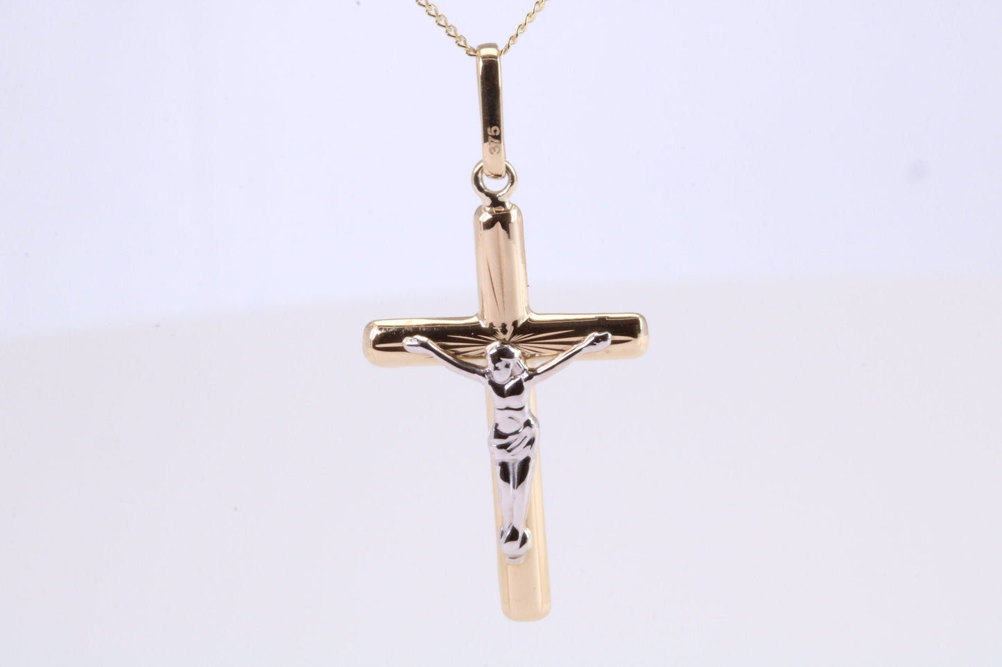 Two Tone Crucifix Necklace Together with 18 Inch Long Chain, Made from Solid Yellow Gold with High Polished Finish