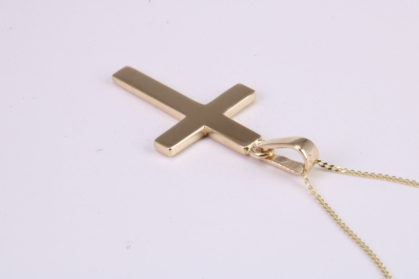 Simple 26 mm Long Cross Together with 18 Inch Long Chain, Made from Solid Yellow Gold with High Polished Finish