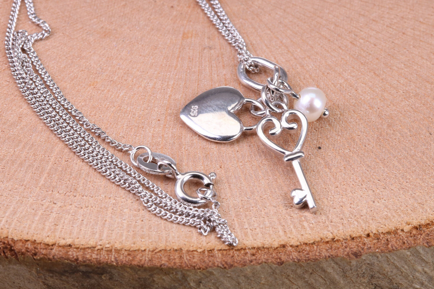 Heart, Key and Pearl Charm Necklace, made from solid Sterling Silver