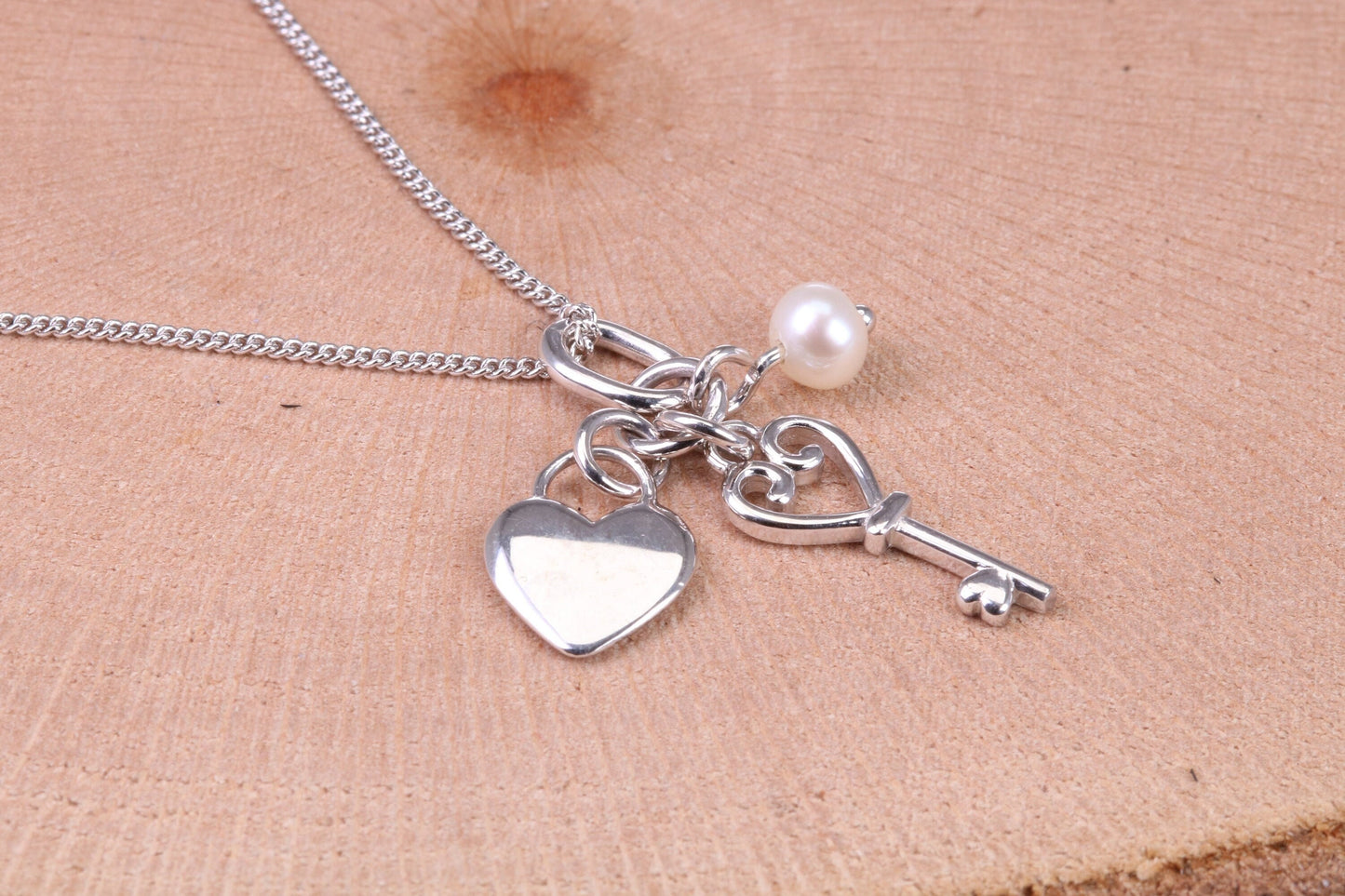 Heart, Key and Pearl Charm Necklace, made from solid Sterling Silver
