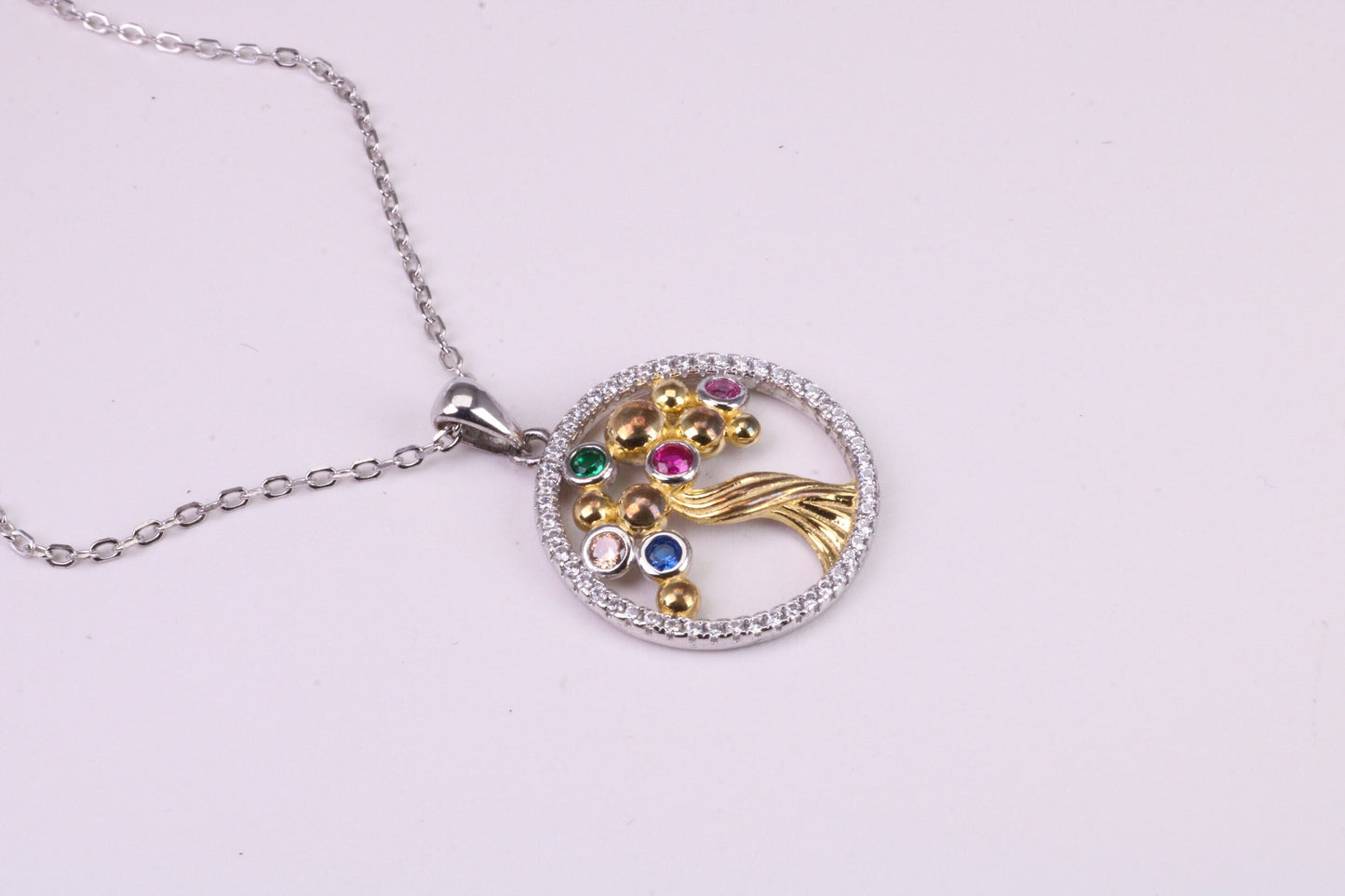 Tree of Life Cubic Zirconia set Necklace, made from solid Sterling Silver, 18ct Yellow Gold Plated, Length Adjustable Chain