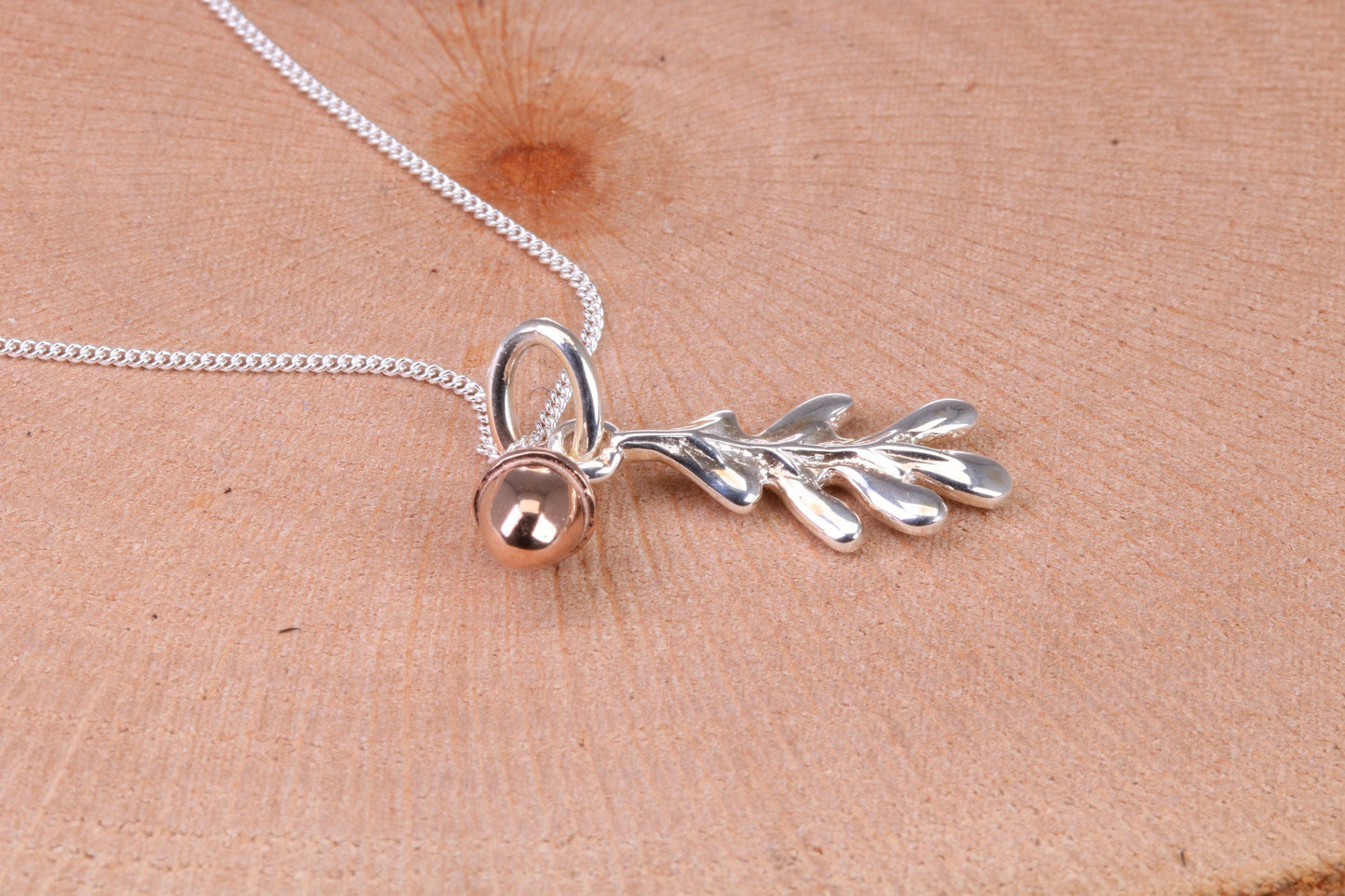 Acorn and Leaf Charm Necklace, made from solid Sterling Silver