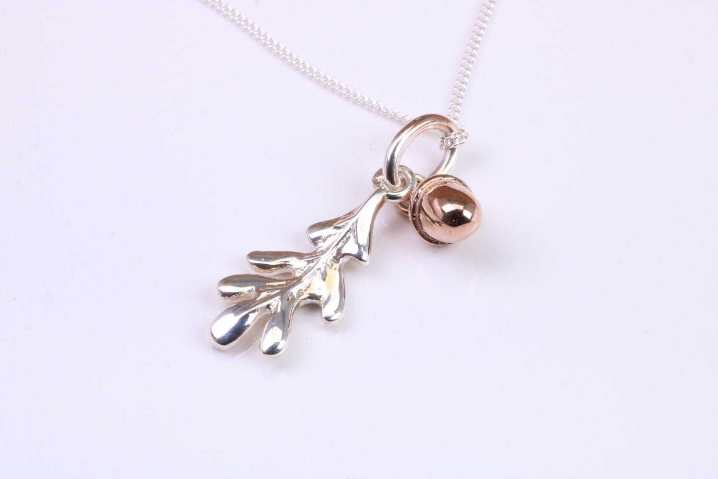 Acorn and Leaf Charm Necklace, made from solid Sterling Silver