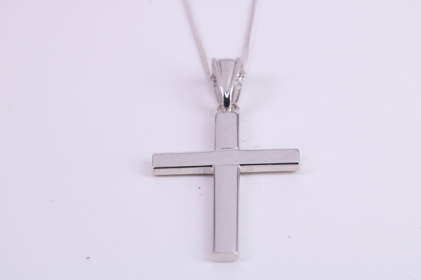 27 mm Long Cross Necklace Together with 18 Inch Long Chain, Made from Solid White Gold with High Polished Finish
