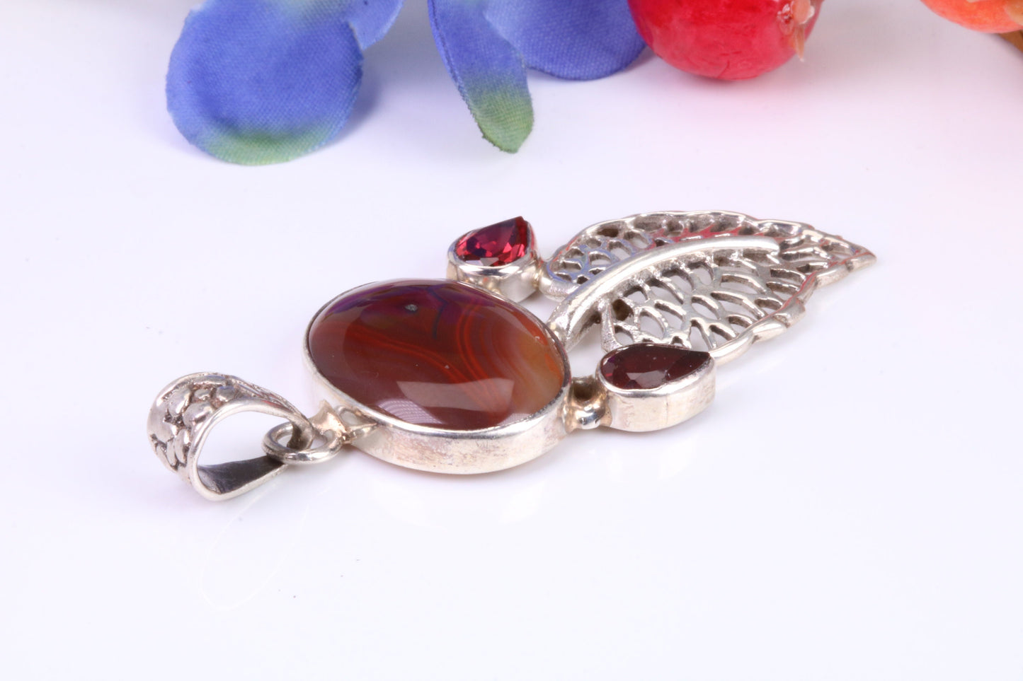 Large Brown Agate and Garnet Pendant set in Sterling Silver