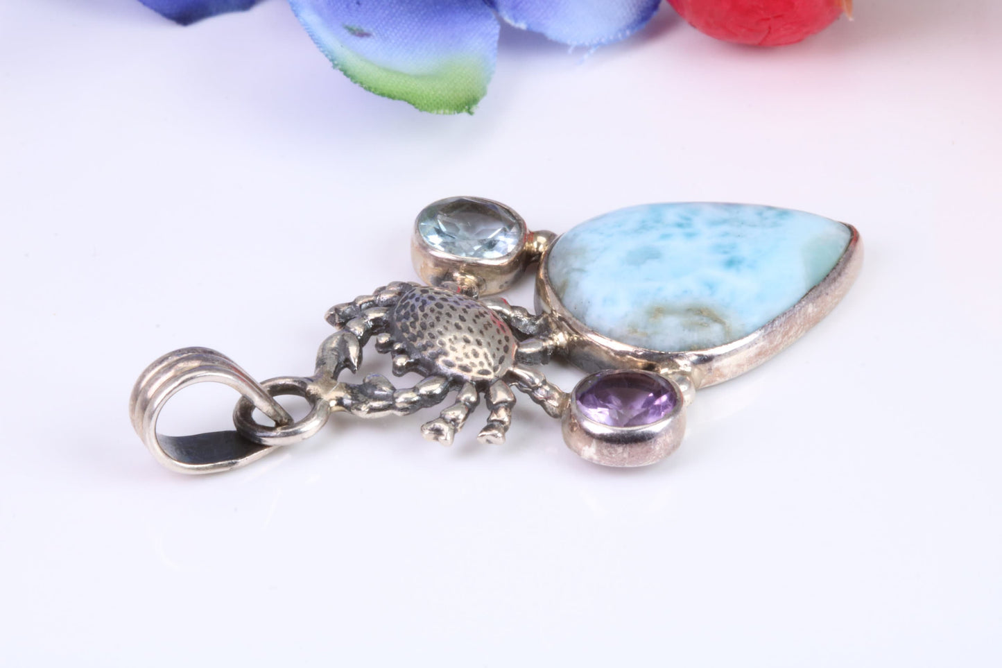 Large Multi Gemstones set Sterling Silver Pendant