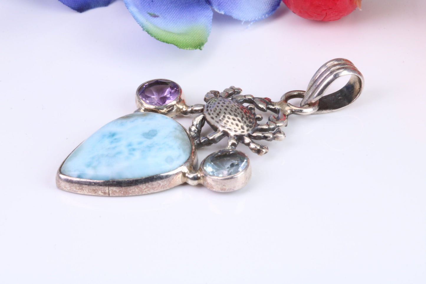 Large Multi Gemstones set Sterling Silver Pendant