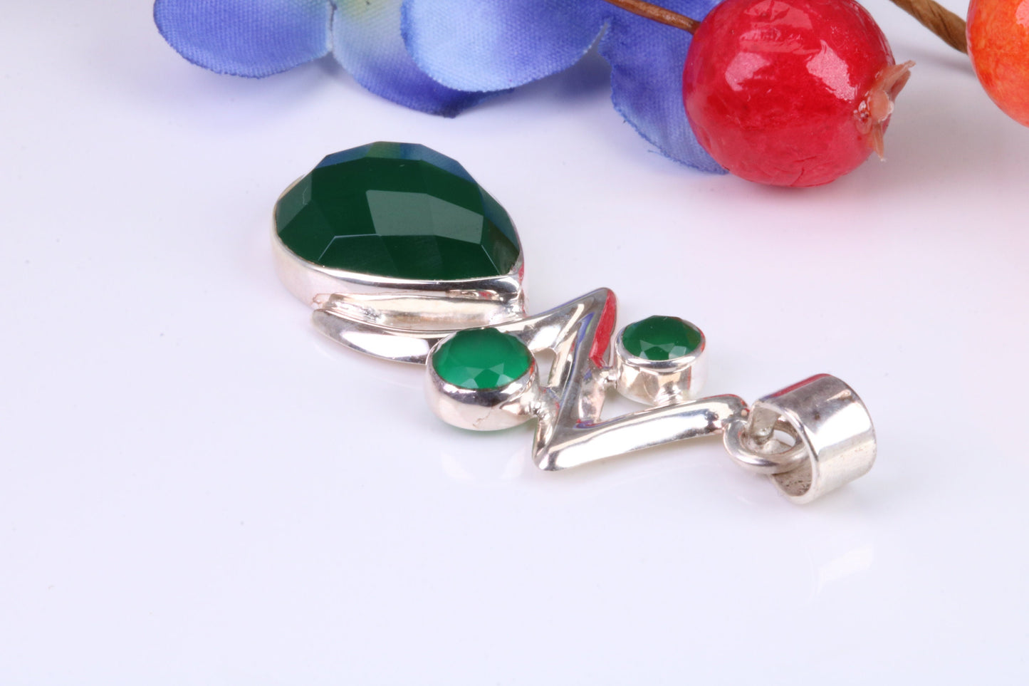 Very Large Green Agate and Emerald C Z Pendant in Sterling Silver