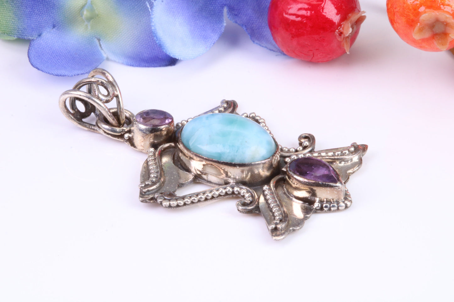 Large Blue Agate and Amethyst Gemstones Sterling Silver Pendant