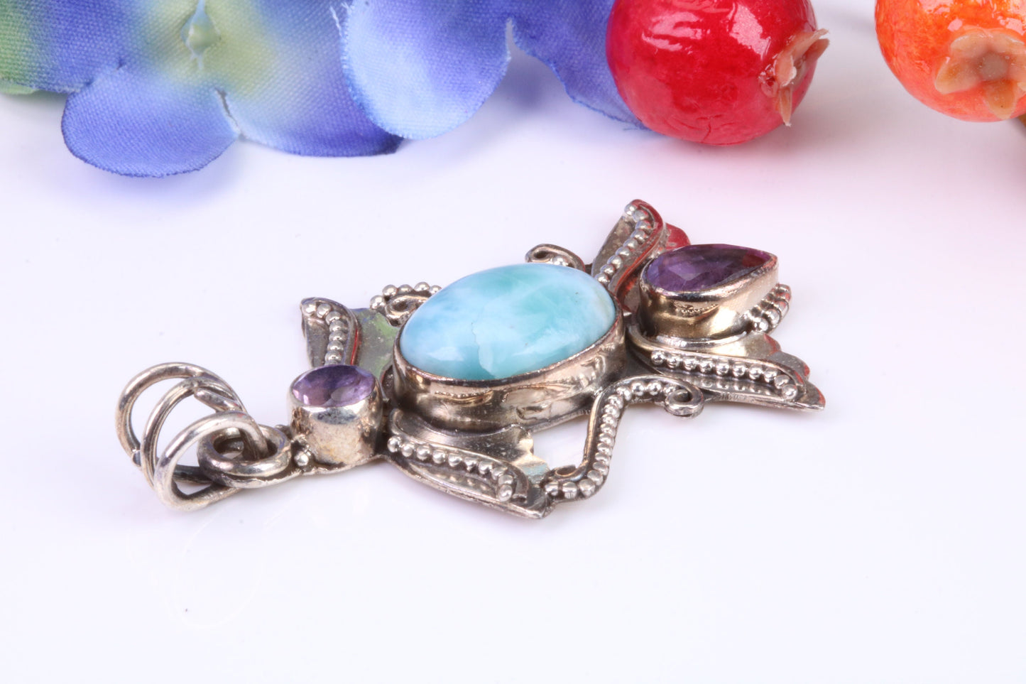 Large Blue Agate and Amethyst Gemstones Sterling Silver Pendant