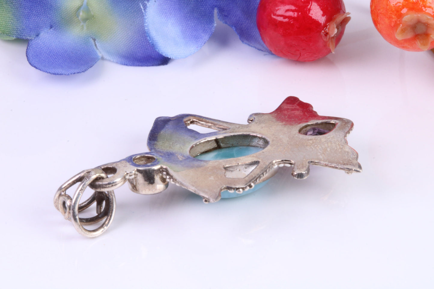 Large Blue Agate and Amethyst Gemstones Sterling Silver Pendant