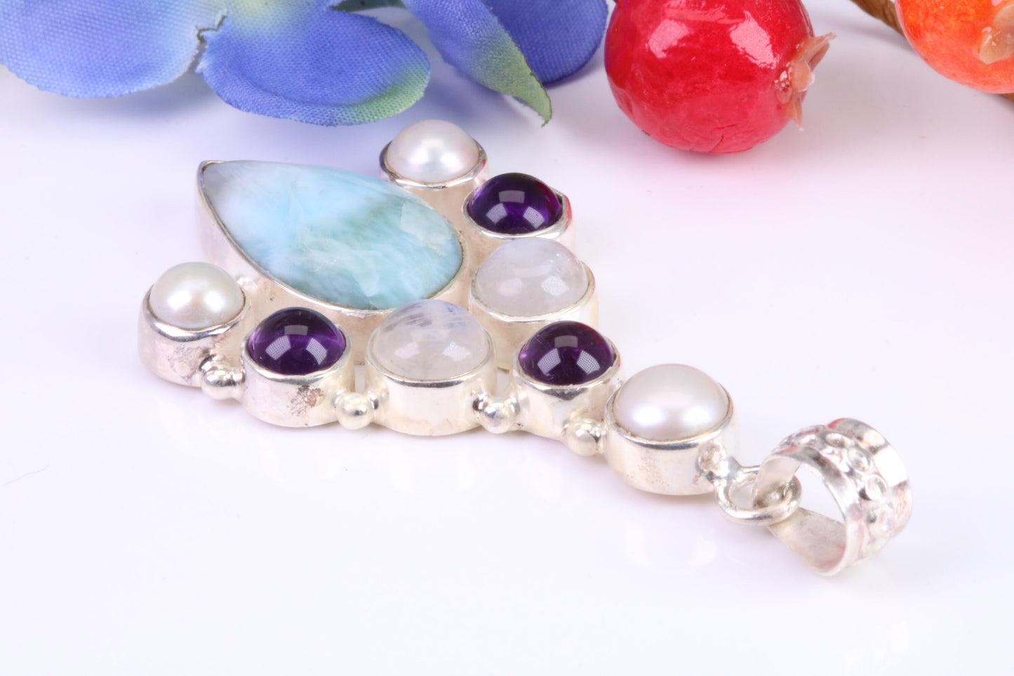 Large Multi Gemstones Pendant in Sterling Silver