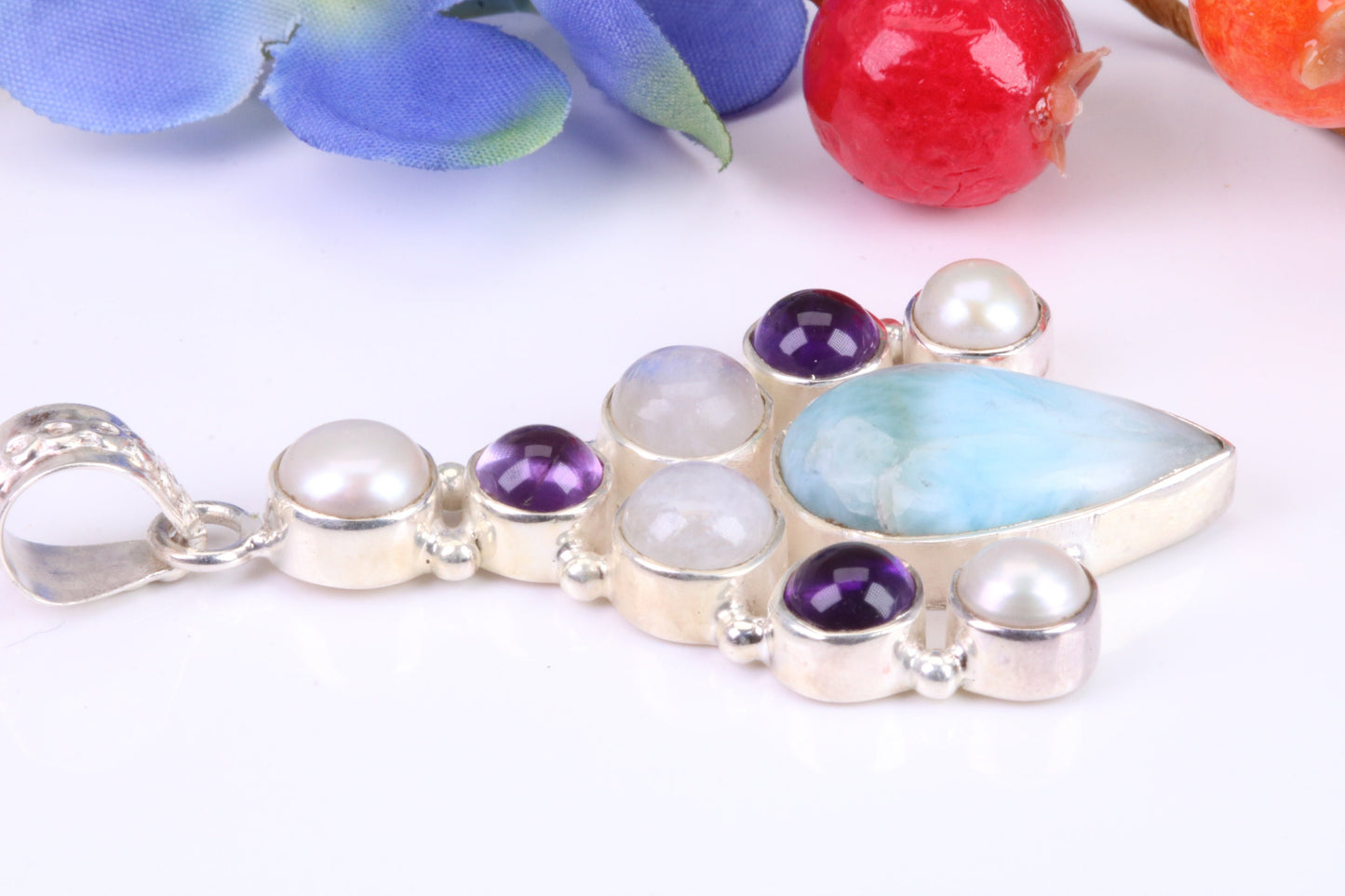 Large Multi Gemstones Pendant in Sterling Silver