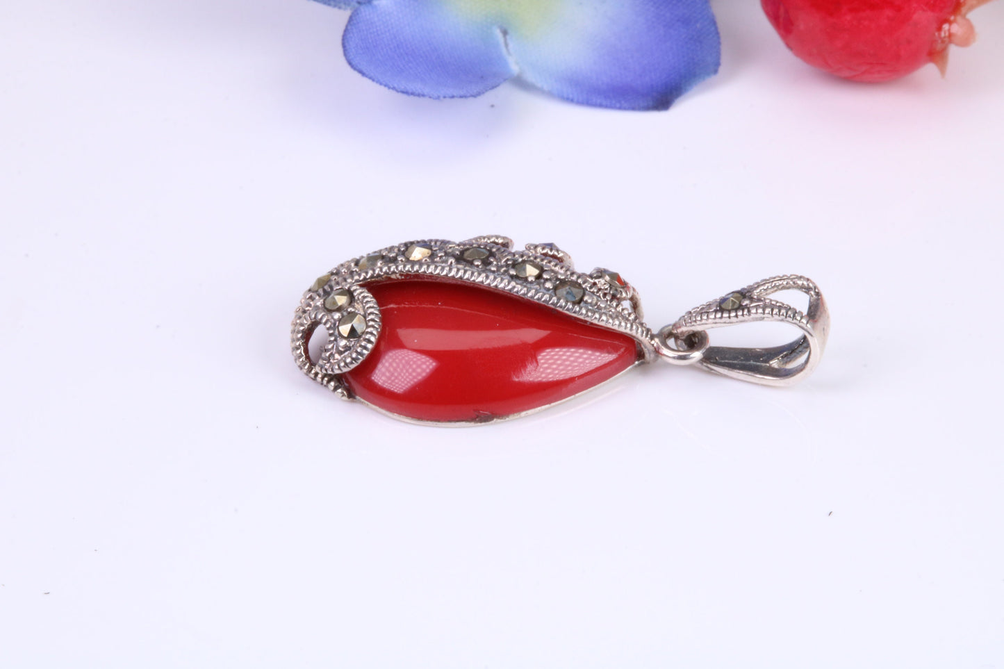 Red Agate and Marcasite set Pendant in Sterling Silver