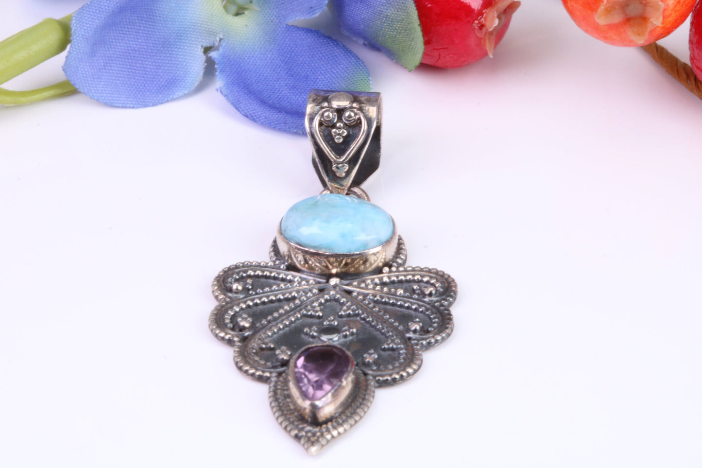 Large Multi Gemstones Pendant set in Sterling Silver