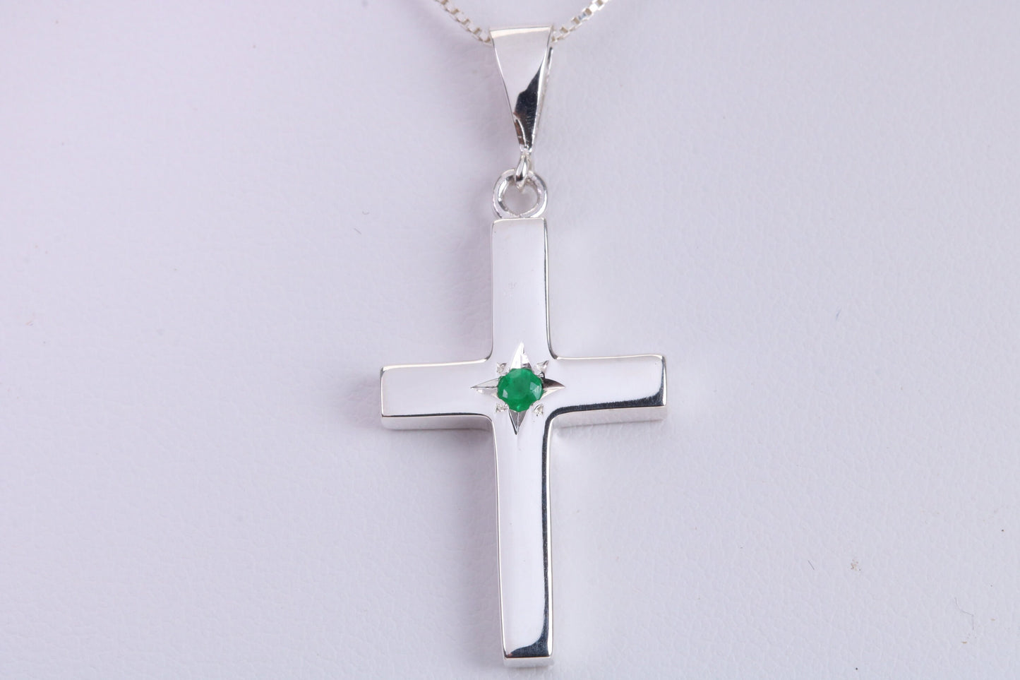 Chunky Real Emerald set Cross, Made From Solid Cast Silver, Further Rhodium Plated