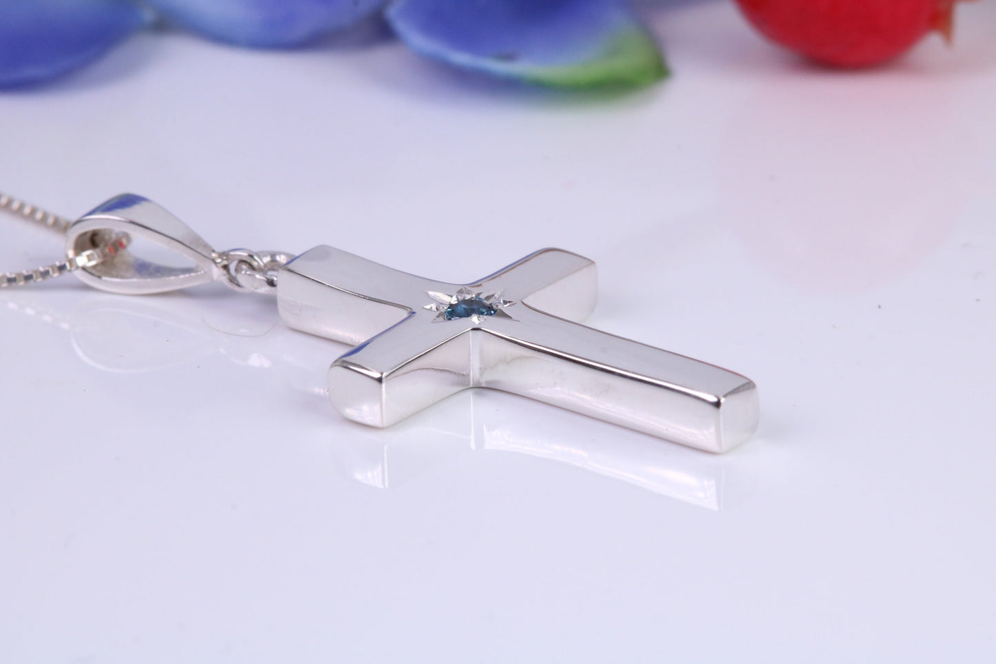 Chunky Real Blue Sapphire set Cross Necklace, Made From Solid Cast Silver, Complete With Chain